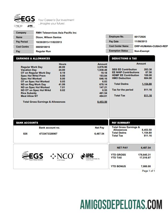 EXPERT GLOBAL SOLUTIONS COMPANY Recibo de pagamento em formato PDF e Word exemplo